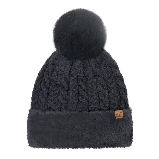 Cable Knit Fur Cuff C.C Pom Beanie: Black