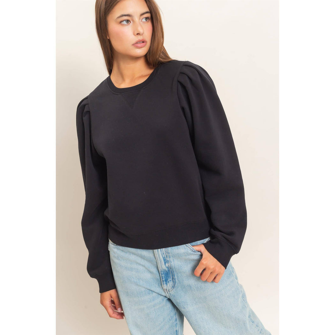 Harlow Puff Sleeve Crew Neck Sweatshirt: BLACK