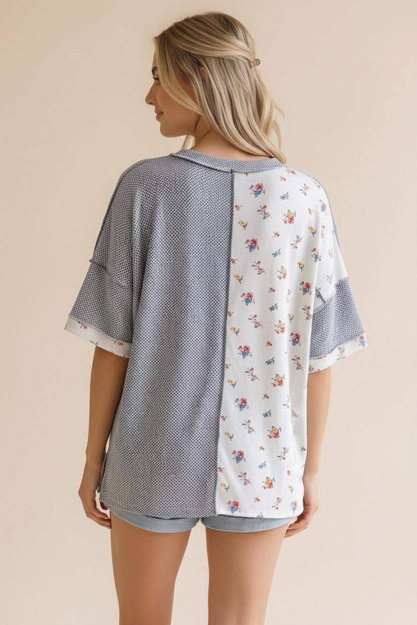 Textured Knit Floral Color Block Patchwork: Grey/White/Navy