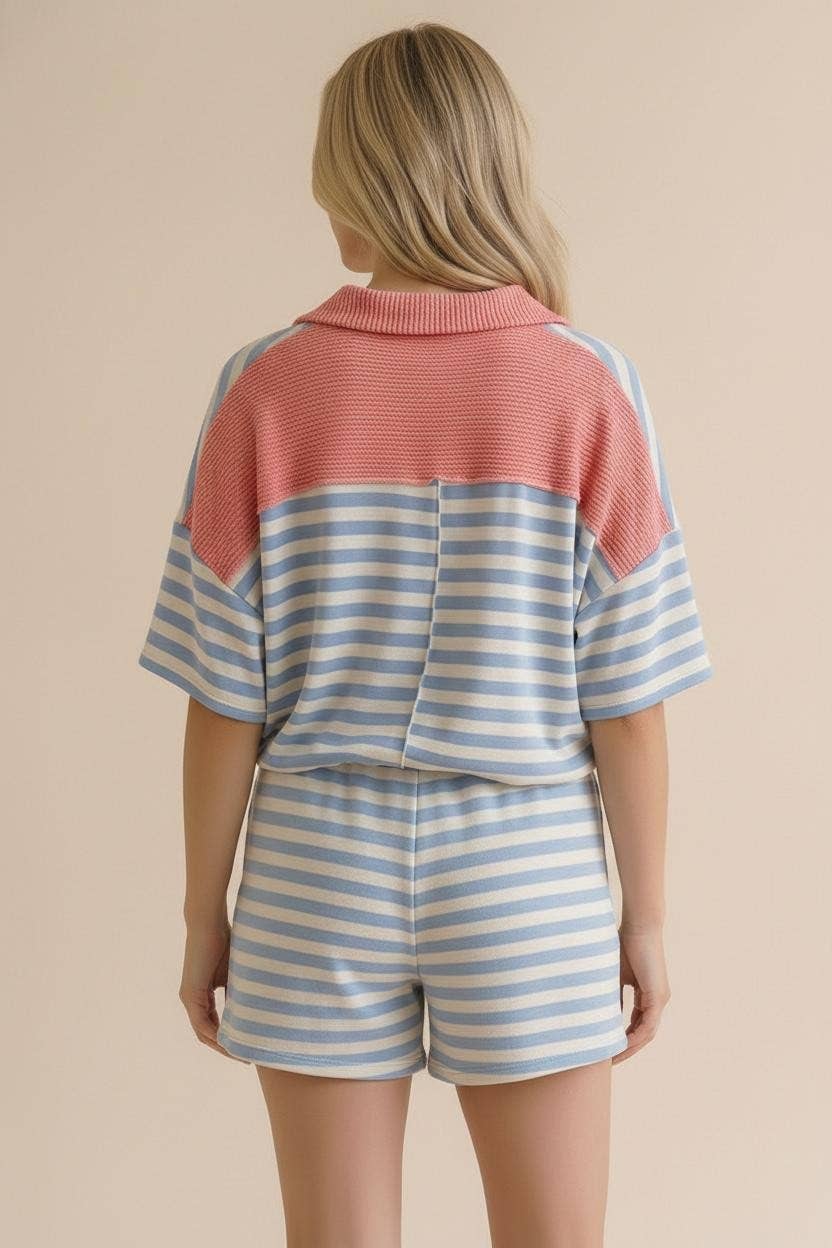 Stripe Color Block Loose Fit Lounge Wear Set: Light Blue/Coral