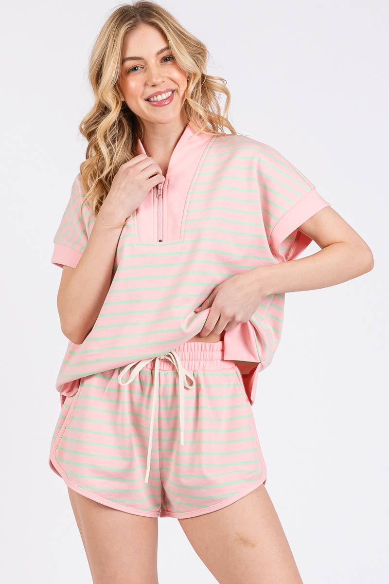 HALF ZIP UP STRIPED TOP AND SHORTS SETS : BLUE/PINK