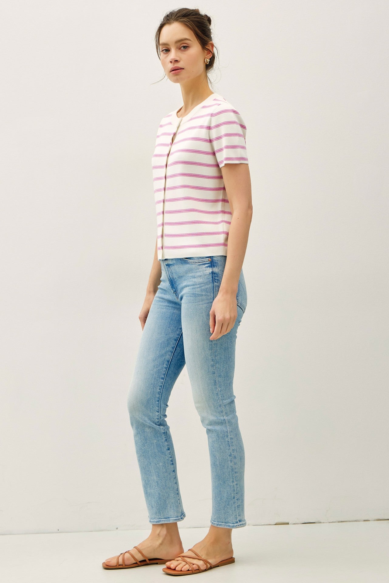 White and Raspberry Striped Short Sleeve Cardigan