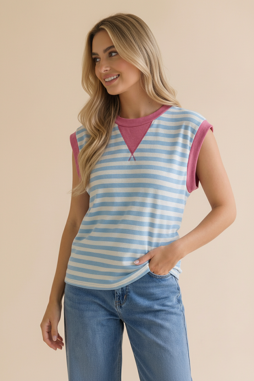 Round Neck Yarn Dye Stripe French Terry Top: LIGHT BLUE/FUCHSIA