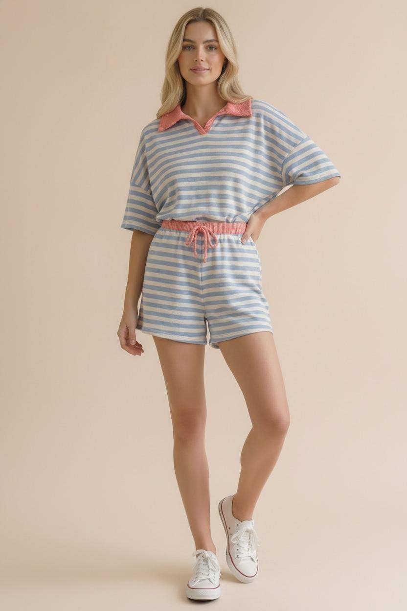 Stripe Color Block Loose Fit Lounge Wear Set: Light Blue/Coral
