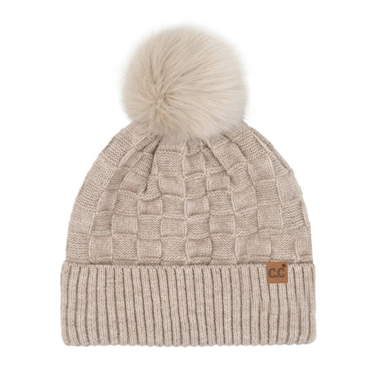 Woven Checkered Texture Pom C.C Beanie : Beige