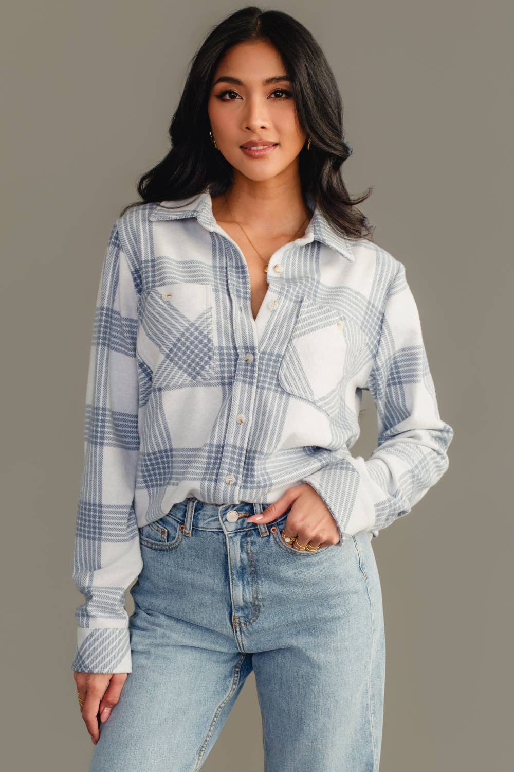 White &amp; Dusty Blue Plaid Button Up Jacket