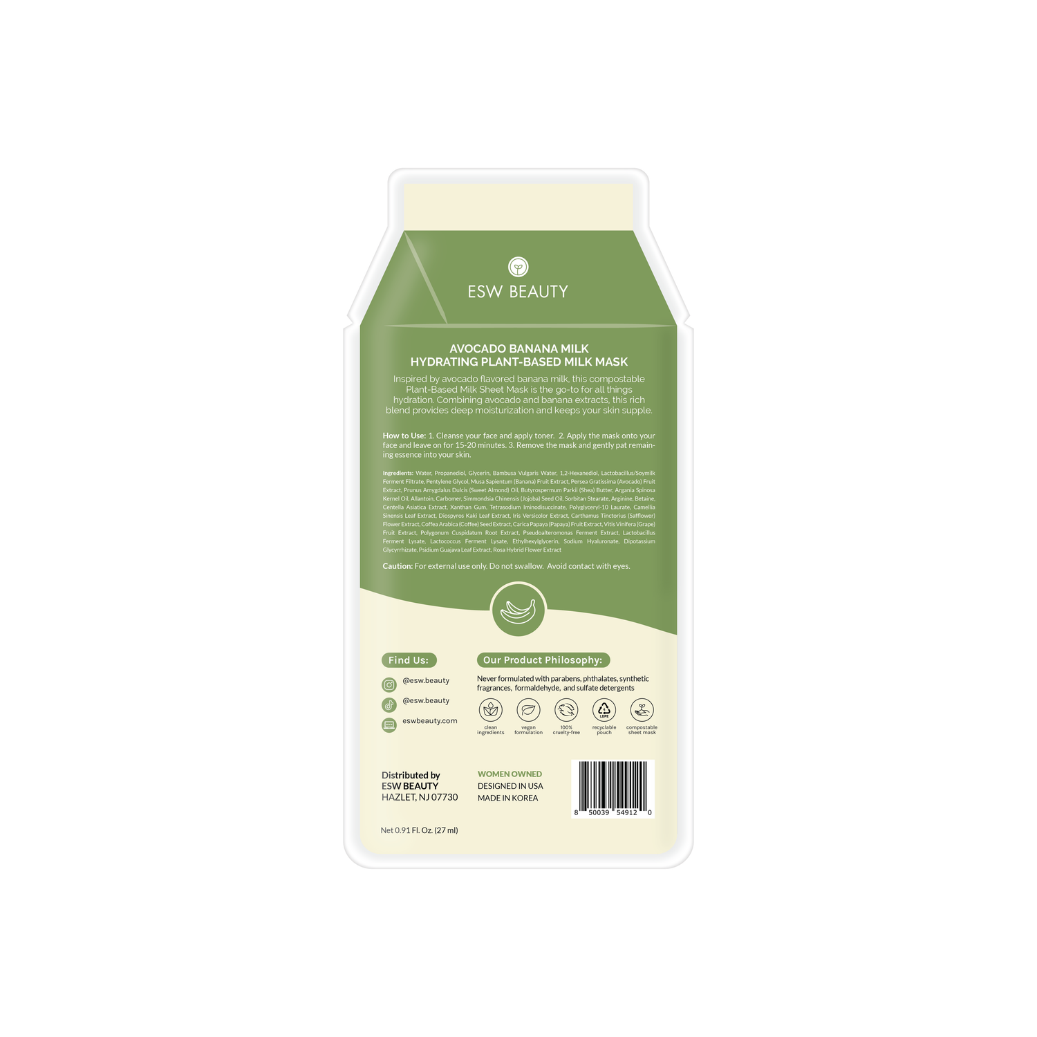 Avocado Banana Milk Hydrating Plant-Based Milk Sheet Mask: With Peg Hole