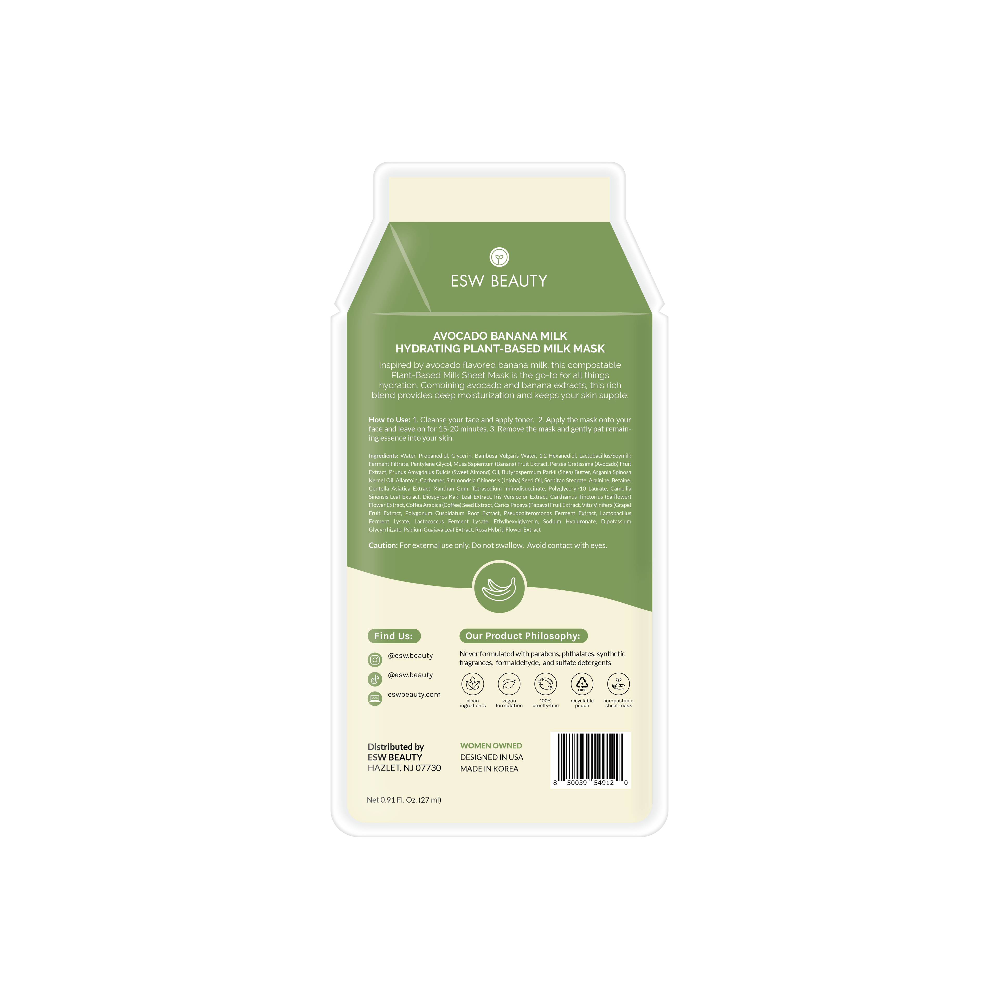 Avocado Banana Milk Hydrating Plant-Based Milk Sheet Mask: With Peg Hole