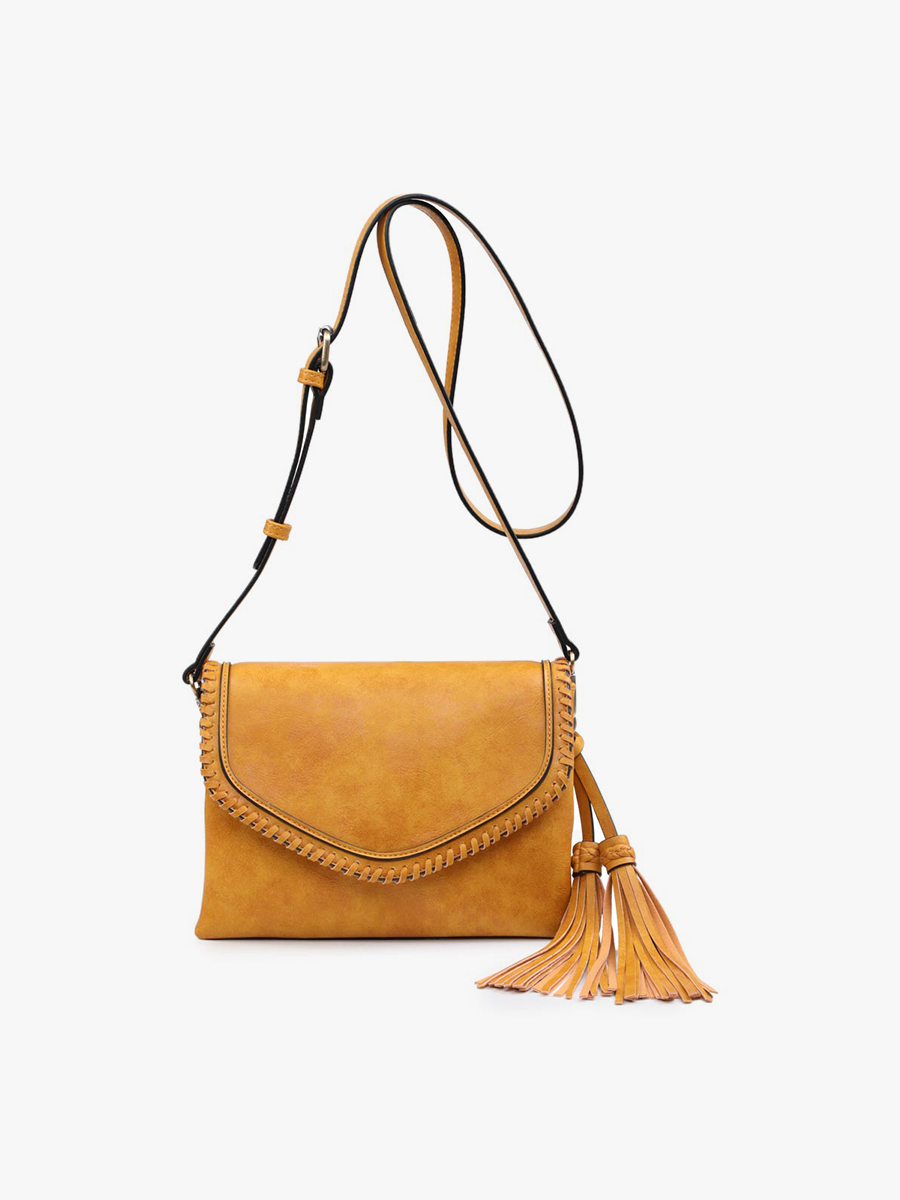 Sloane Flapover Crossbody w/ Whipstitch and Tassel: Coffee