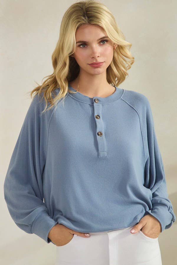 Soft Start Ribbed Henley Long Sleeve Top