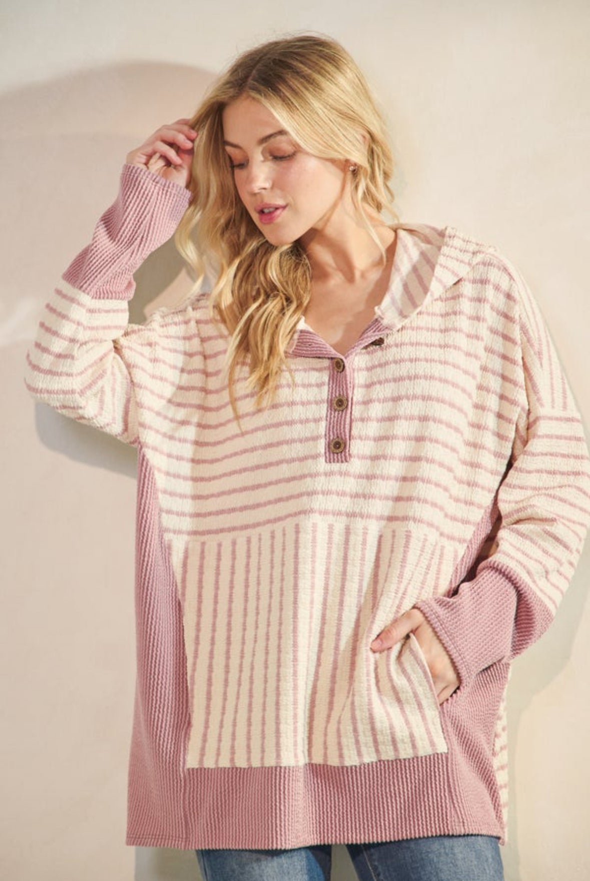 Pink Ribbed Striped Hoodie