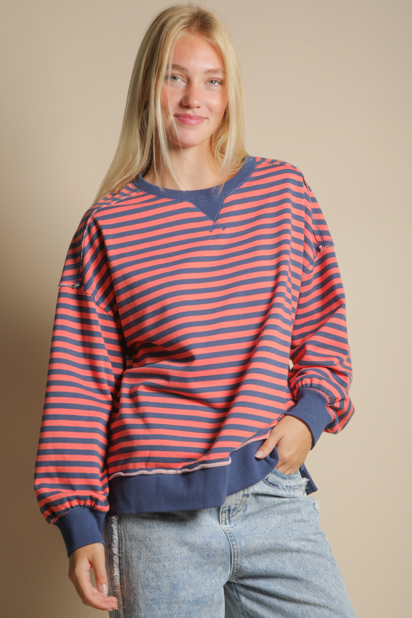 Selene Causal Striped Sweatshirt in Denim/Coral