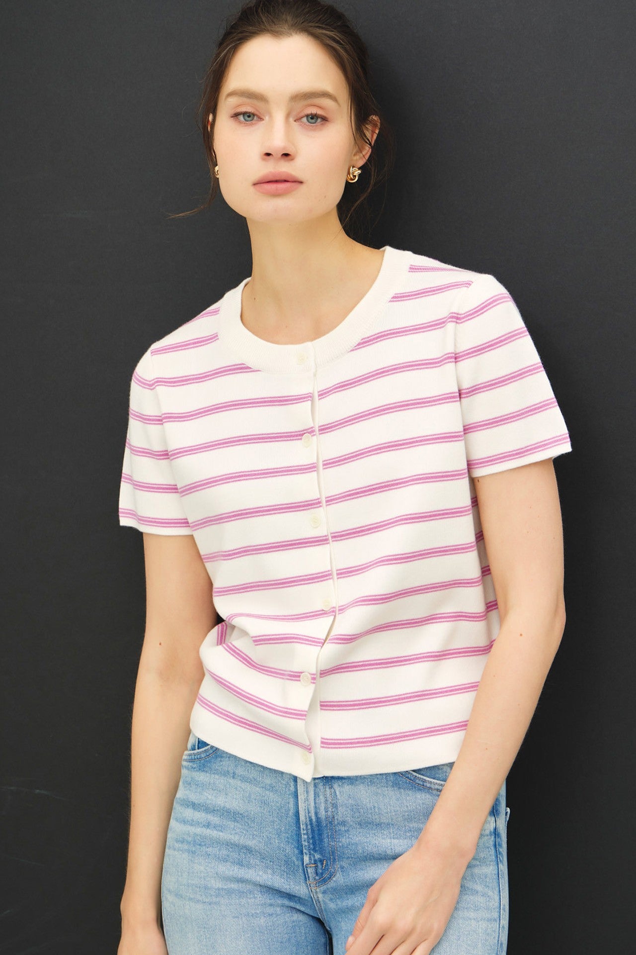 White and Raspberry Striped Short Sleeve Cardigan