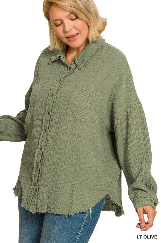Olive Gauze Button Up Shirt