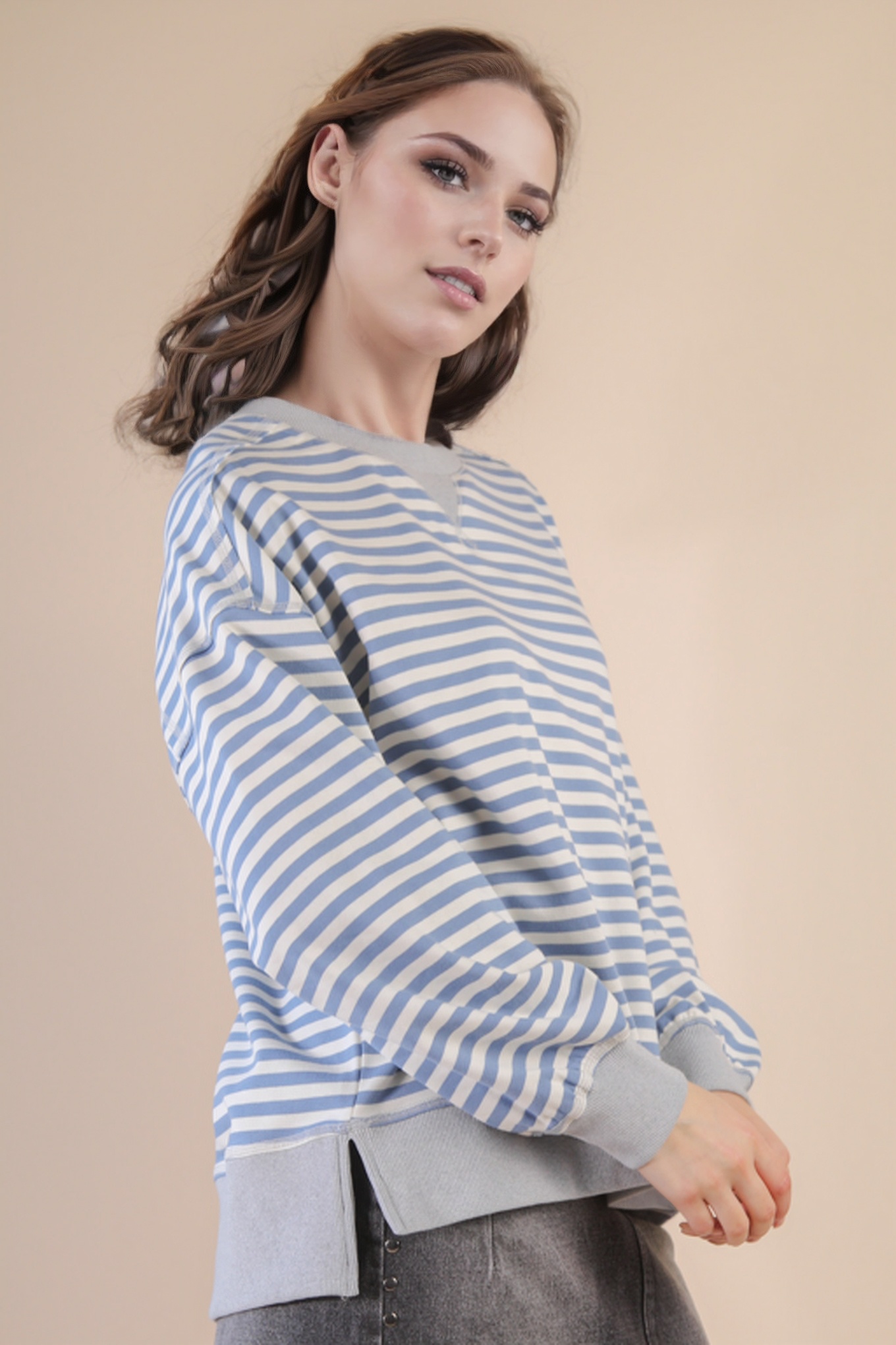 Selene Causal Striped Sweatshirt in Soft Blue/Cream