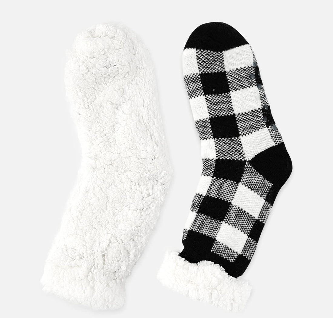 Black Plaid Plush Fleece Lined Sherpa Slipper Socks