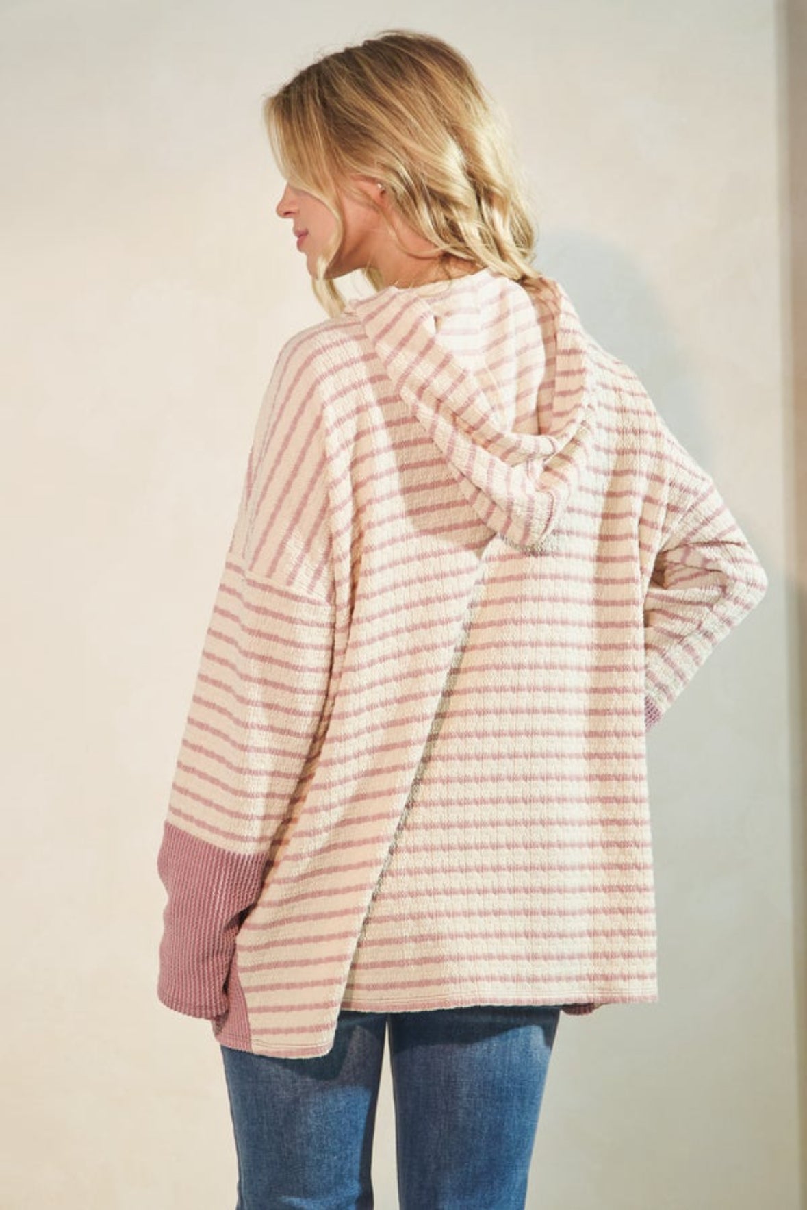 Pink Ribbed Striped Hoodie