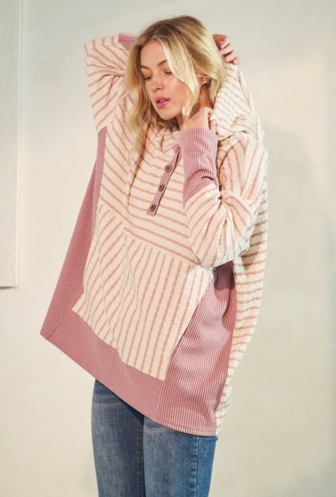 Pink Ribbed Striped Hoodie