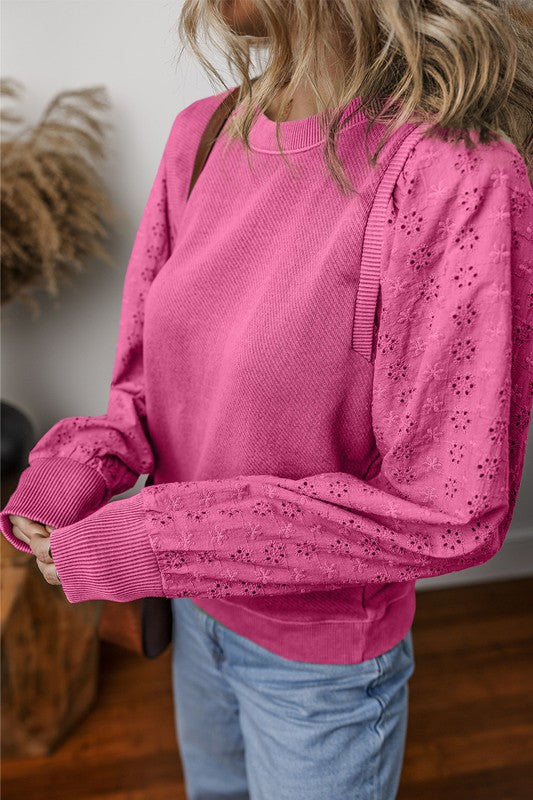 Pink Eyelet Sleeve Lightweight Sweatshirt