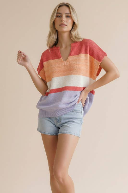 Cyla Multi Stripe Dolman Sweater Knit Top: Coral/Peach/Lilac
