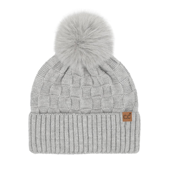 Woven Checkered Texture Pom C.C Beanie : Lt. Mel. Grey