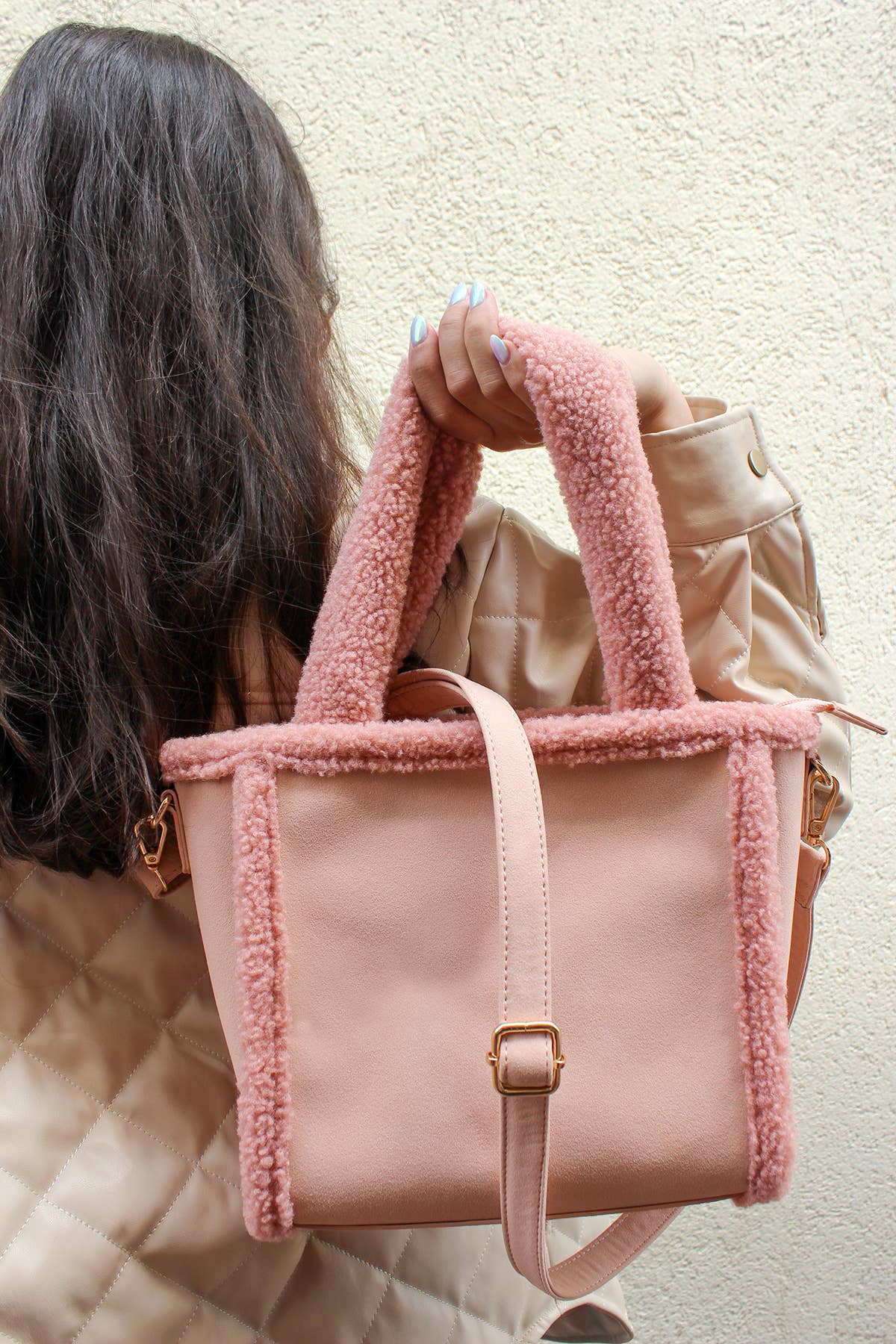 Helsinki Sherpa Trim Satchel/Crossbody: Pink/Mauve