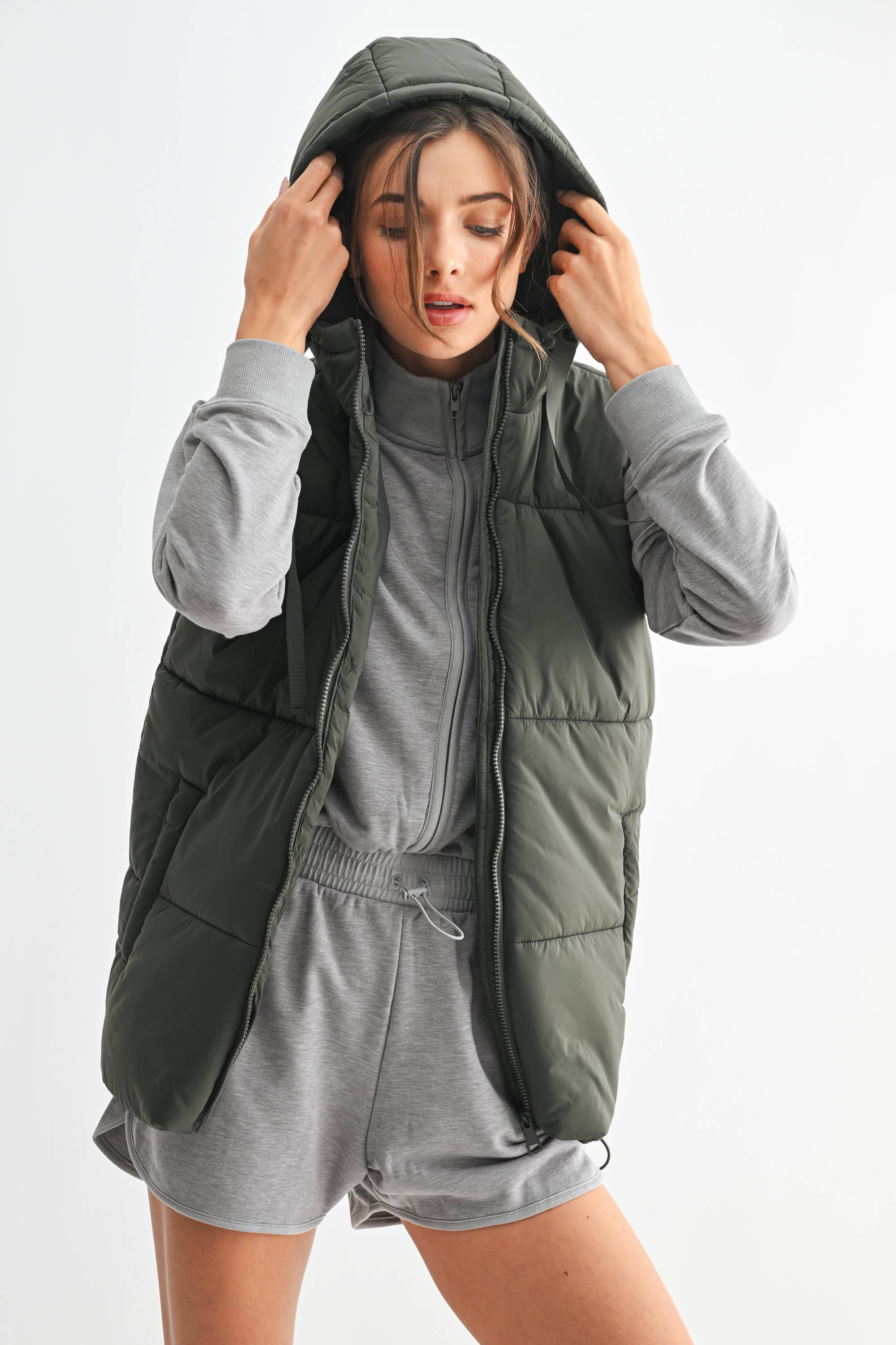 Longline High Neck Padded Vest: OLIVE