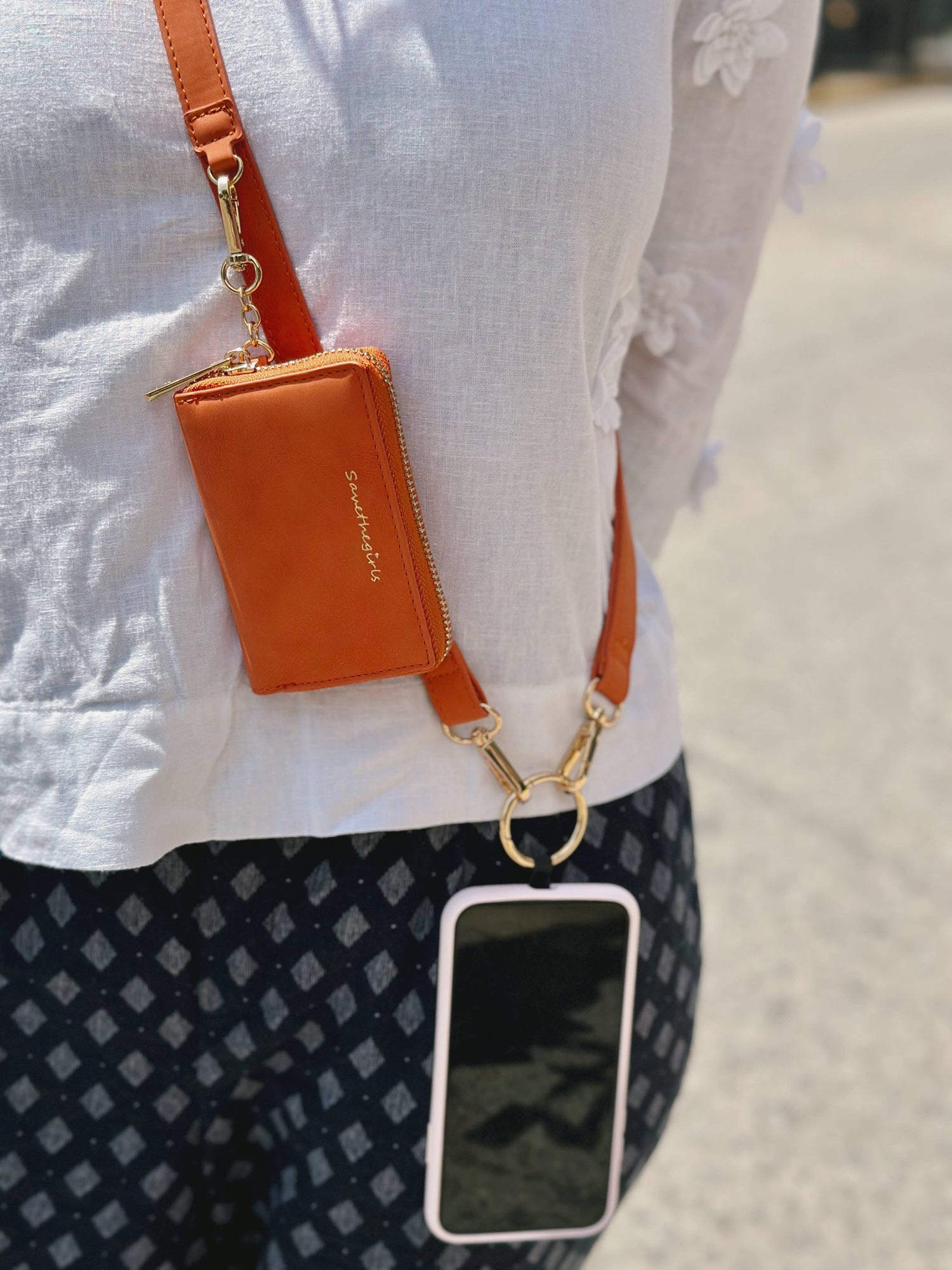 Clip &amp; Go Brushed Vegan Leather Phone Lanyard - Rfid Pouch: Tangerine - Tangerine Pouch