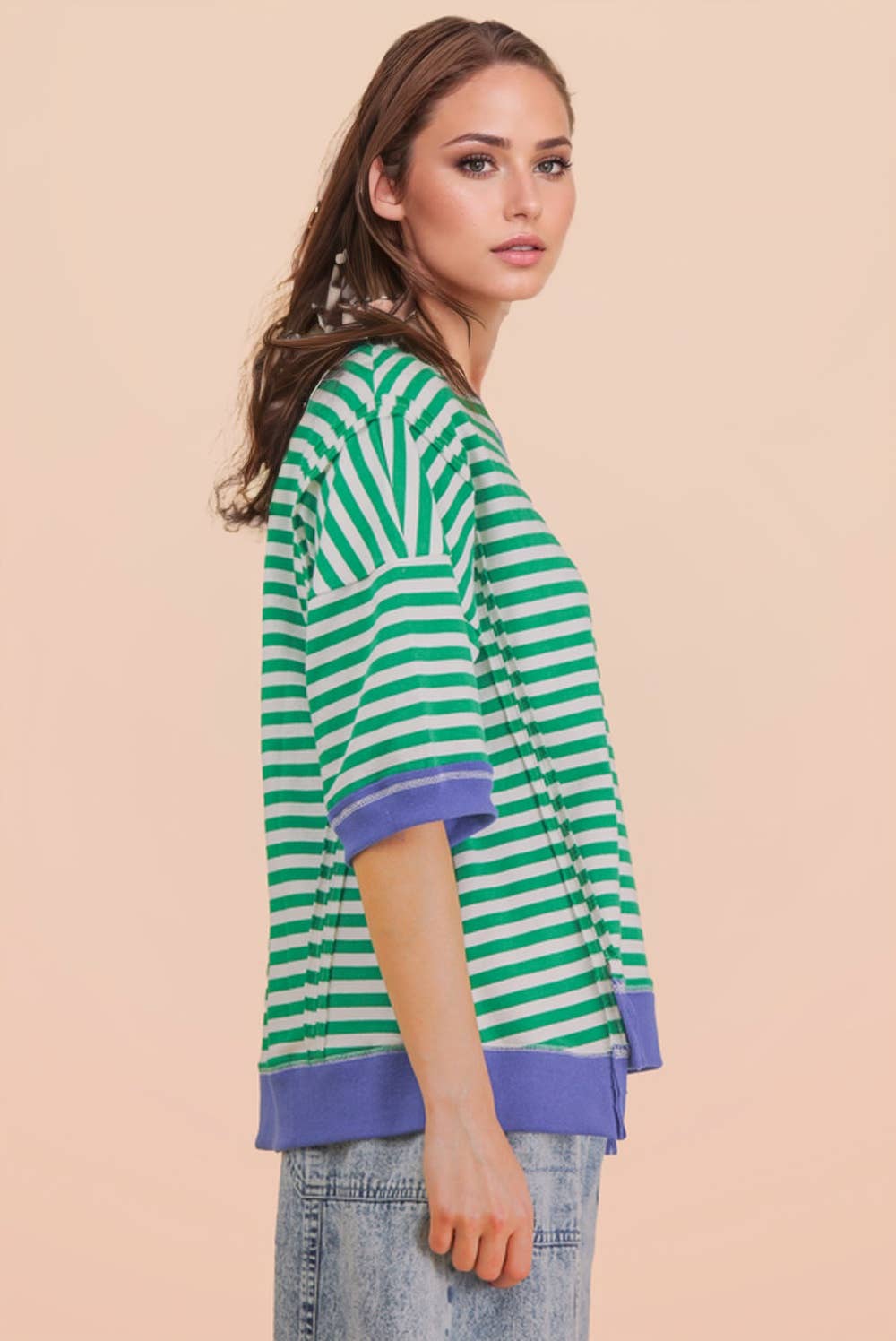 Kelly and Cream Oversized Stripe Casual Knit Top