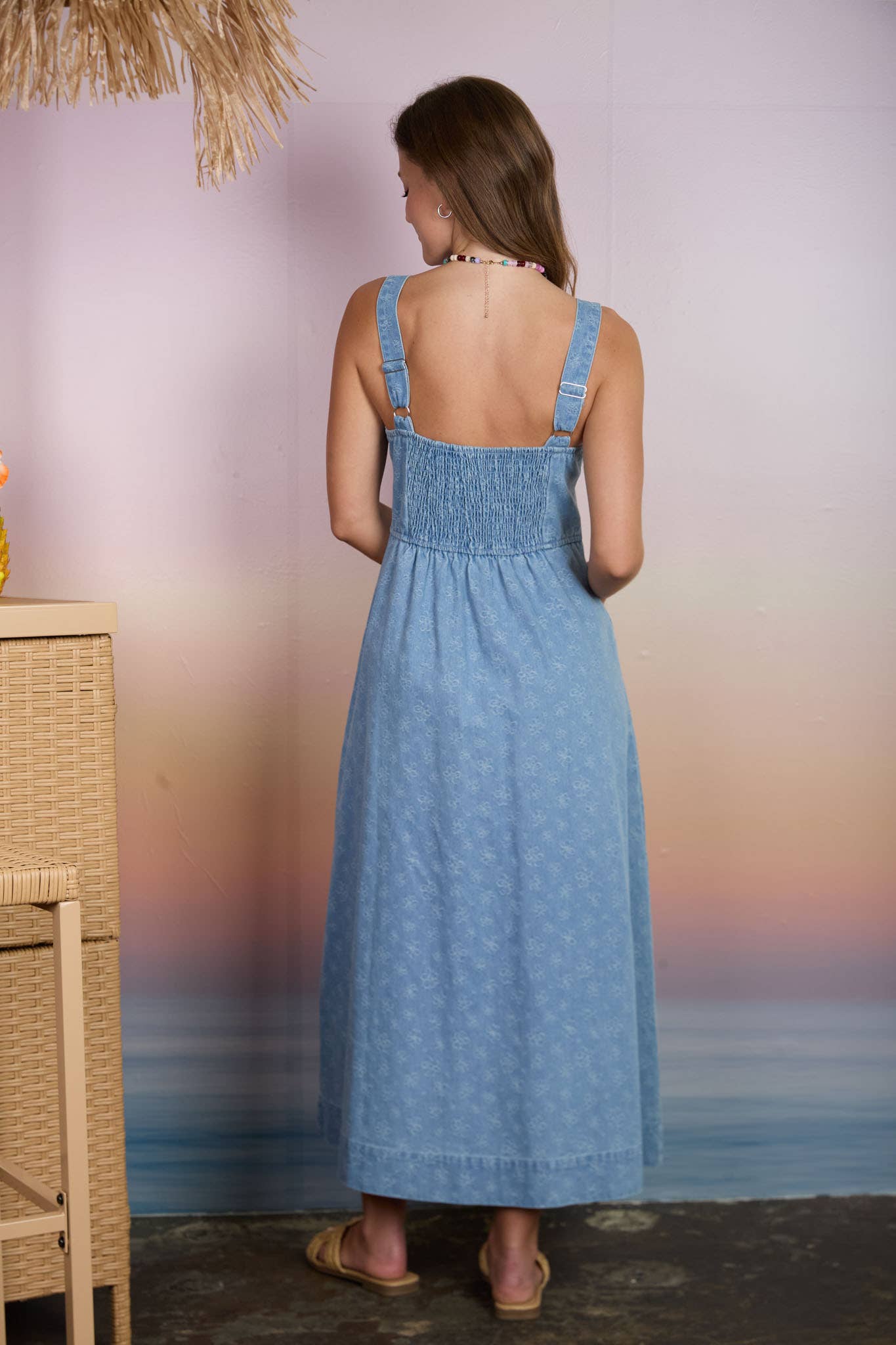 FLORAL DENIM JACQUARD SWEETHEART MIDI DRESS : LIGHT DENIM