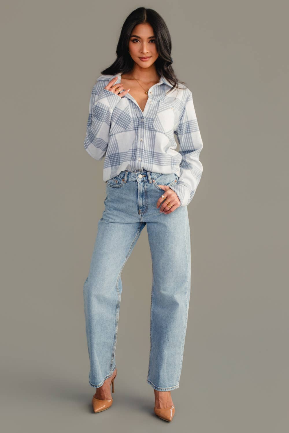 White &amp; Dusty Blue Plaid Button Up Jacket
