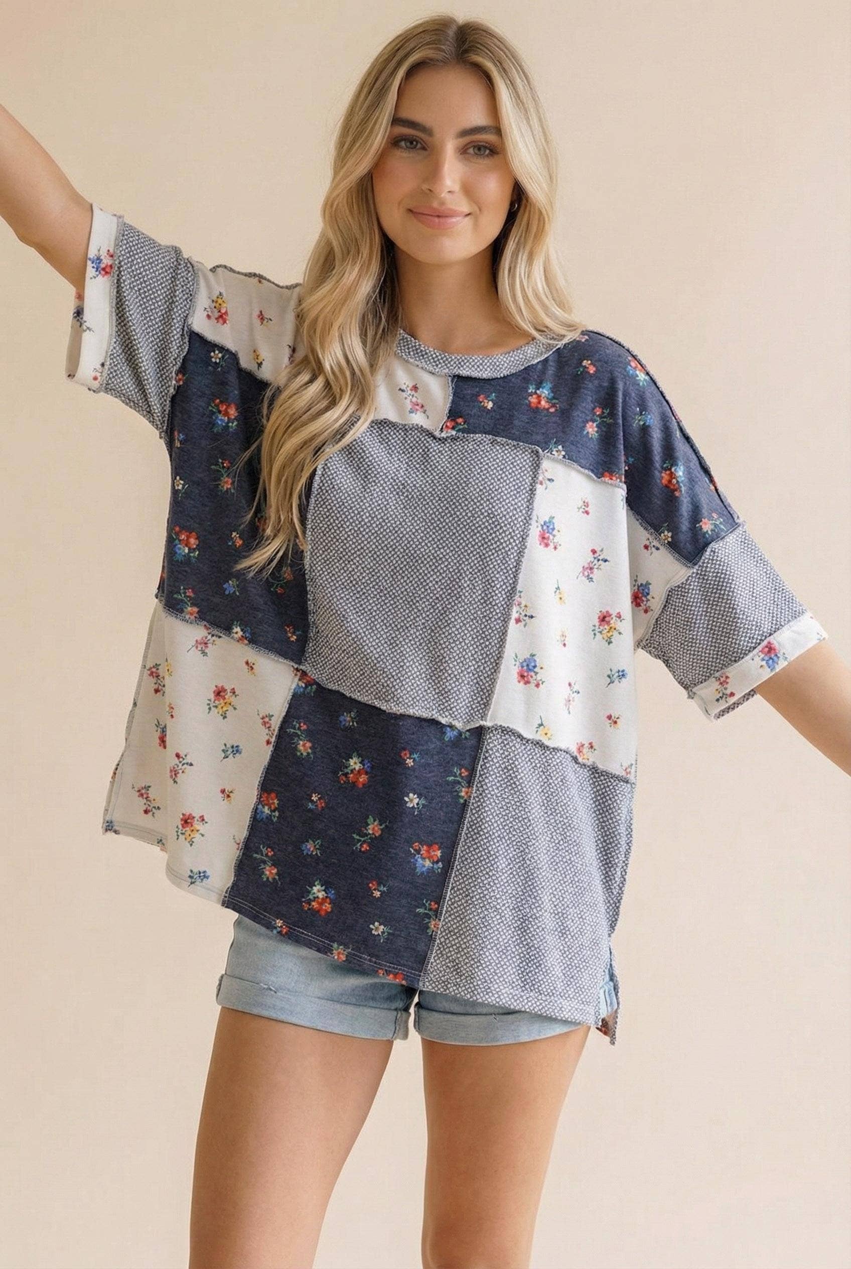 Textured Knit Floral Color Block Patchwork: Grey/White/Navy