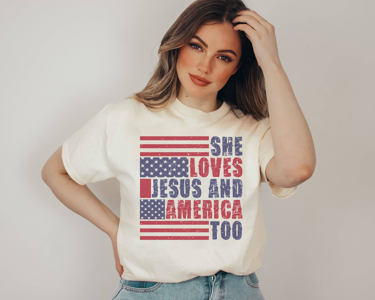 Retro She Loves Jesus Tee | Patriotic T Shirt