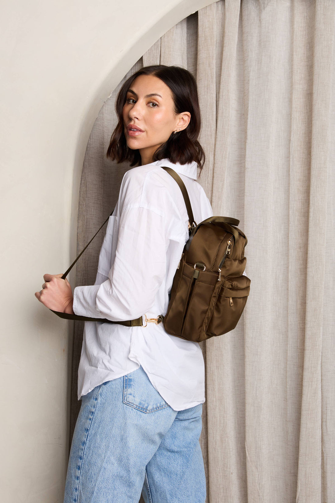 Rita Nylon Backpack w/ Front Pocket &amp; Long Strap: Dark Olive