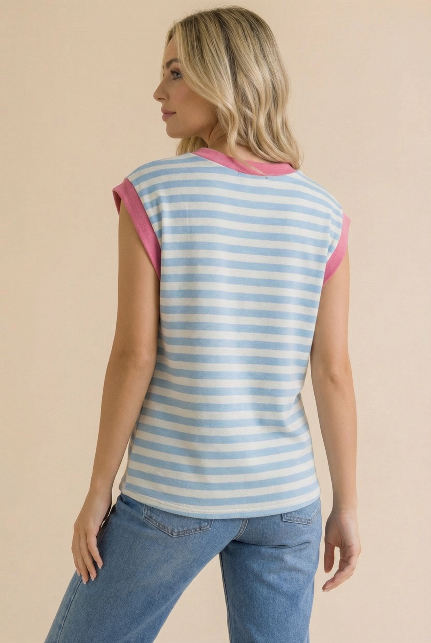 Round Neck Yarn Dye Stripe French Terry Top: LIGHT BLUE/FUCHSIA