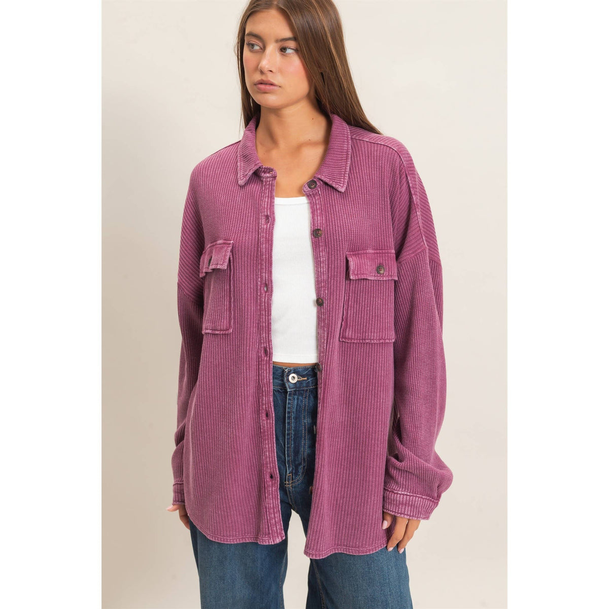 Mineral Wash Waffle Knit Button-Up Shacket: DARK CHERRY
