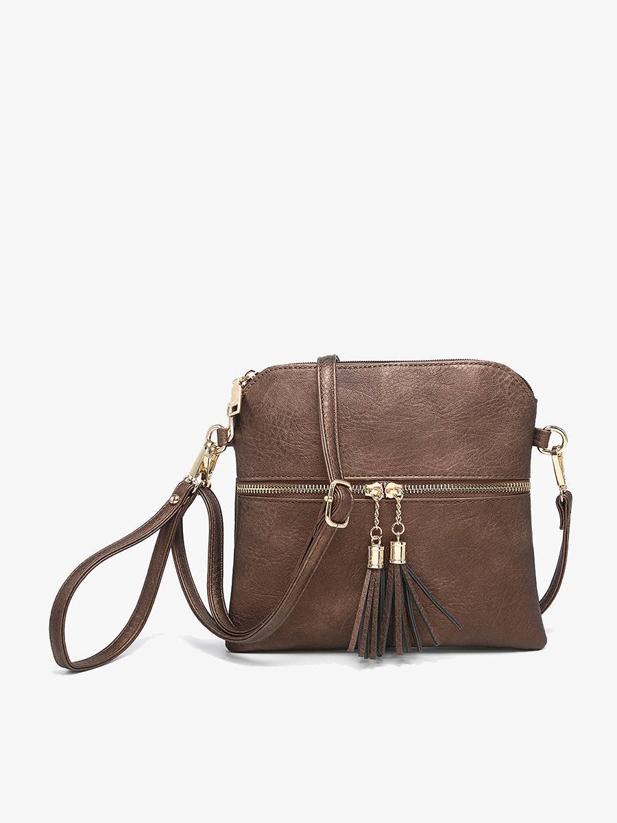 Tara Double Zip Crossbody Bag/Wristlet: Black/Brown