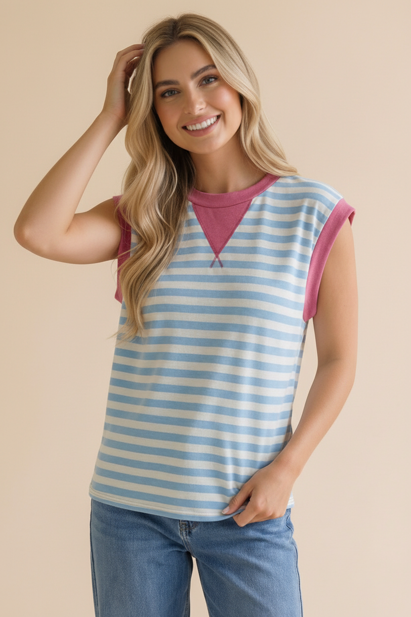 Round Neck Yarn Dye Stripe French Terry Top: LIGHT BLUE/FUCHSIA
