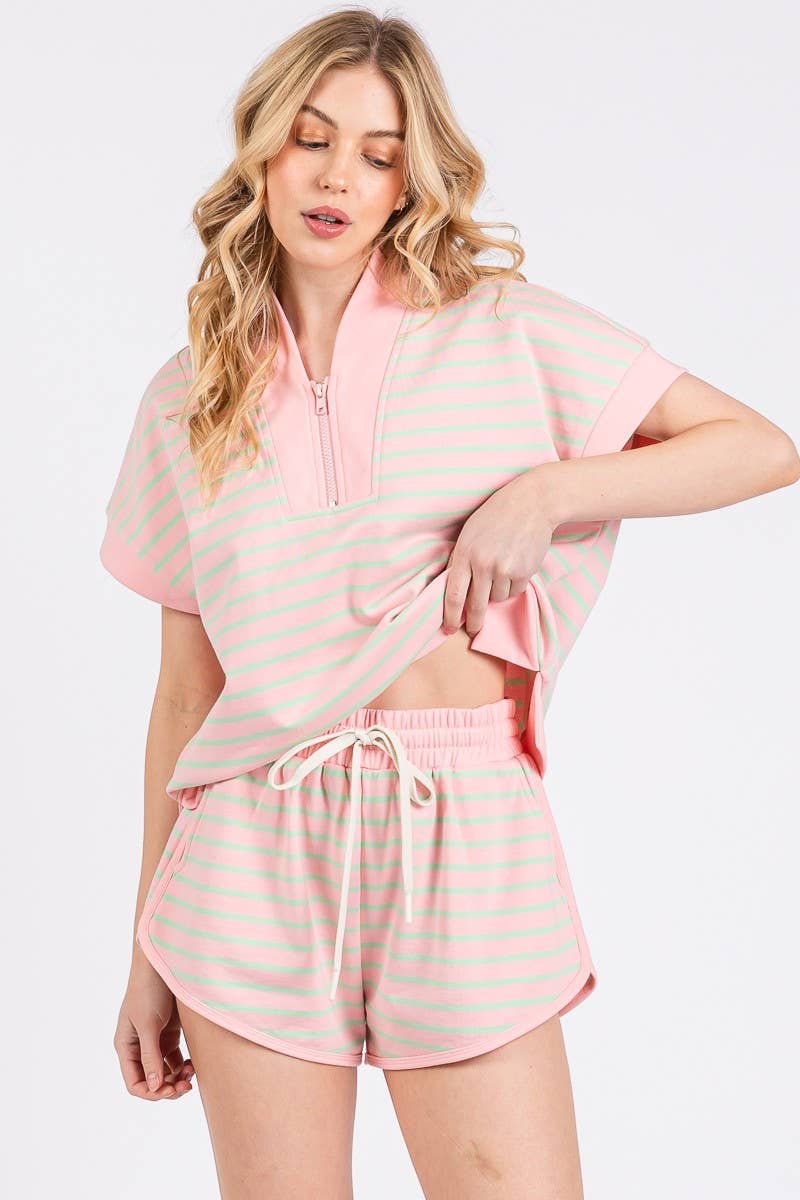 HALF ZIP UP STRIPED TOP AND SHORTS SETS : BLUE/PINK