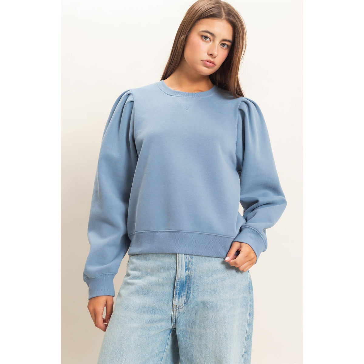 Harlow Puff Sleeve Crew Neck Sweatshirt: DUSTY BLUE