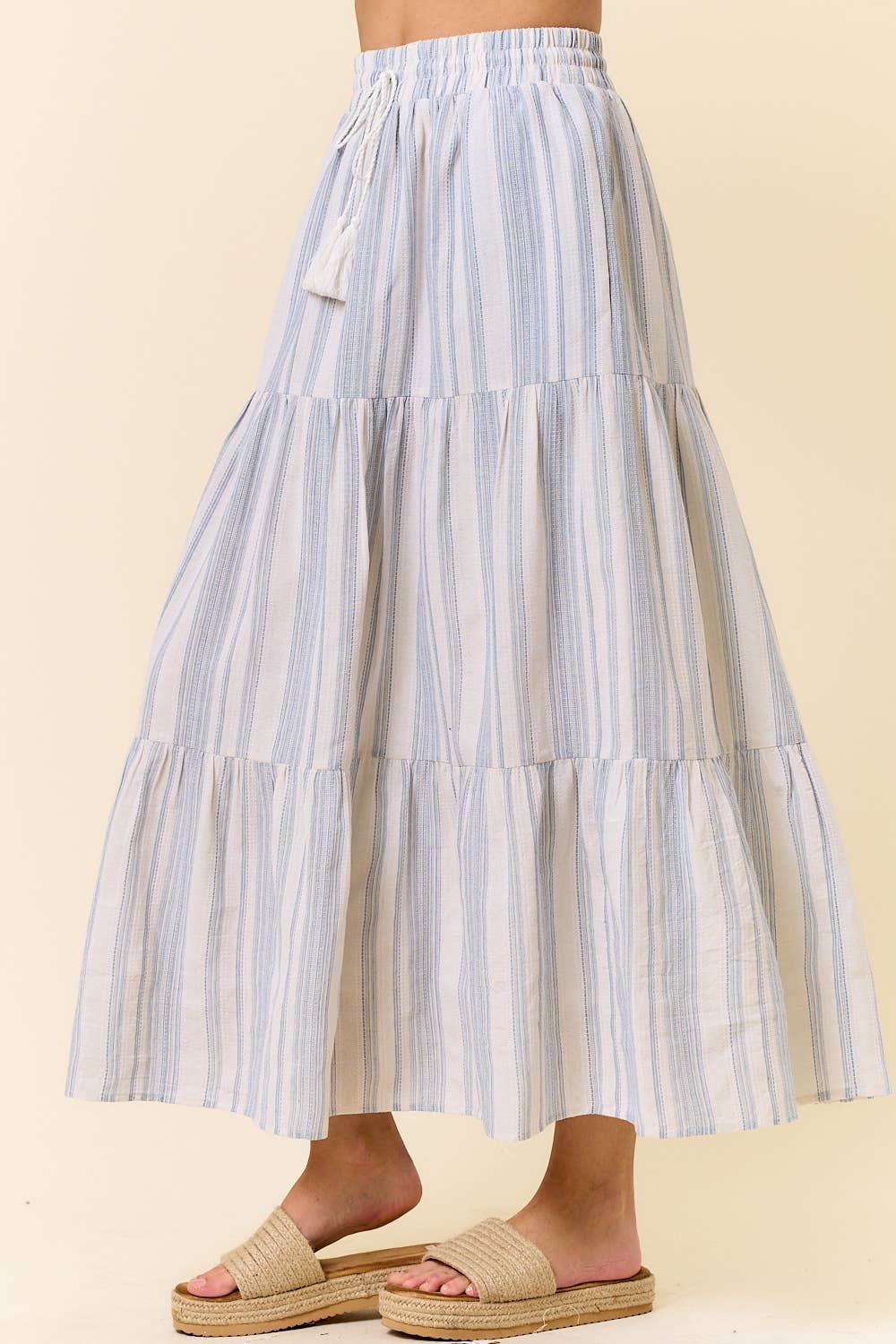 Cotton Striped Elastic Waist Tiered Maxi Skirt