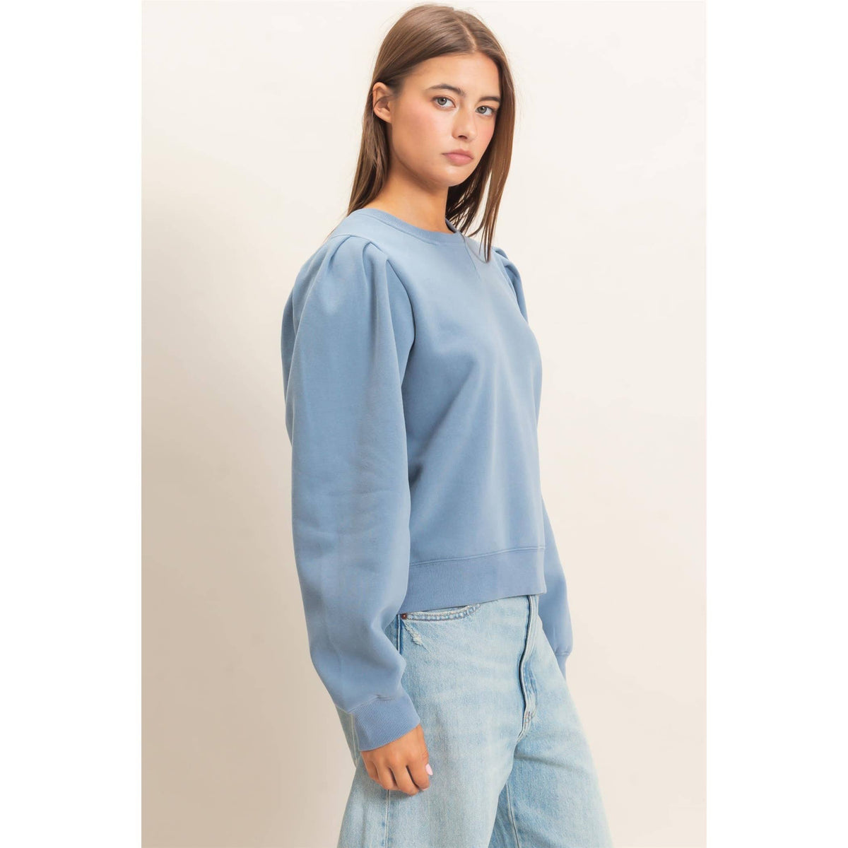 Harlow Puff Sleeve Crew Neck Sweatshirt: DUSTY BLUE