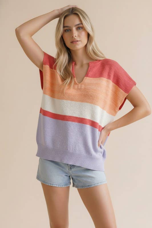 Cyla Multi Stripe Dolman Sweater Knit Top: Coral/Peach/Lilac