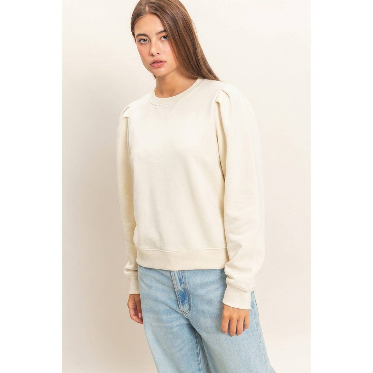 Harlow Puff Sleeve Crew Neck Sweatshirt: DUSTY BLUE