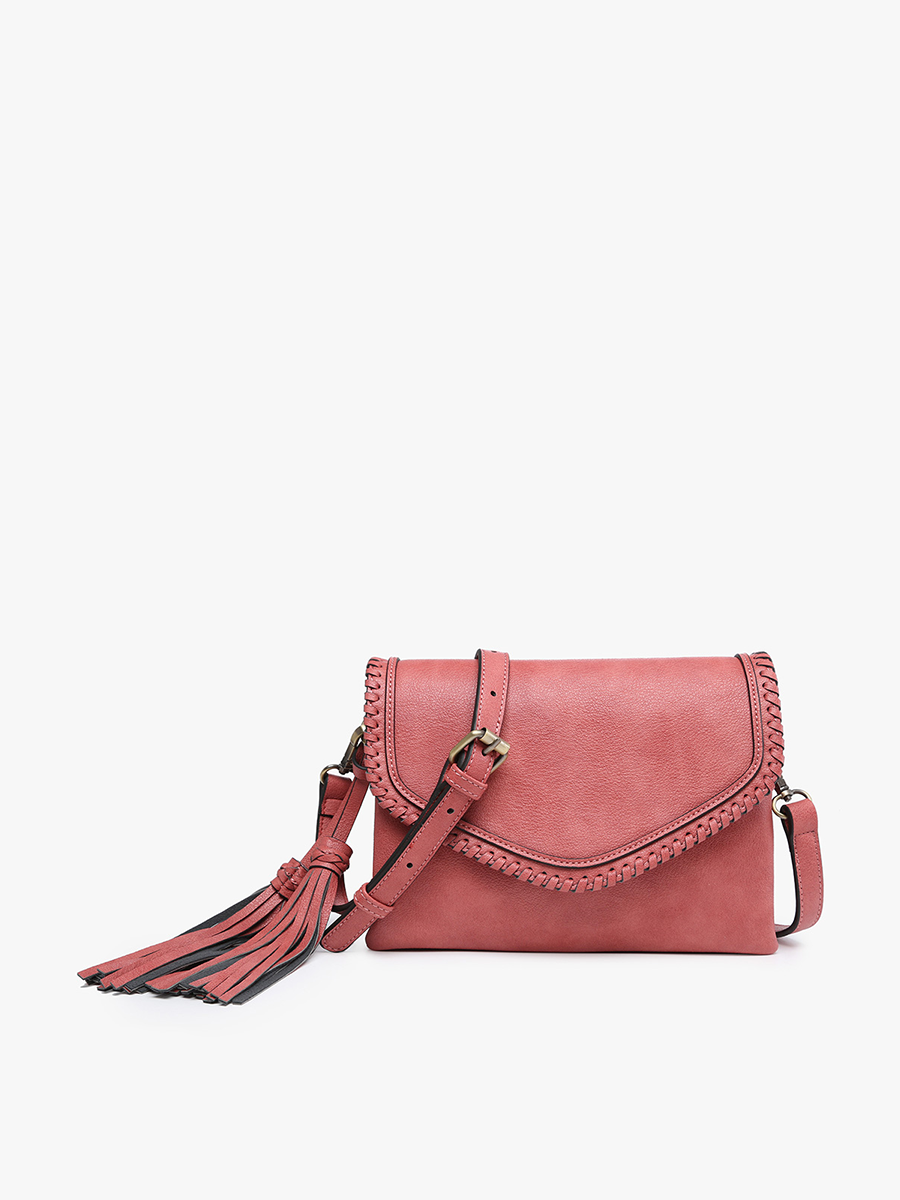 Sloane Flapover Crossbody w/ Whipstitch and Tassel: Coffee