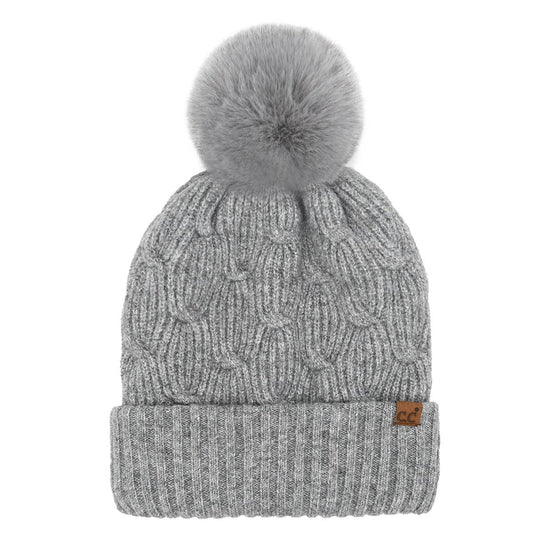 Chain Link Knitted C.C Matching Pom Beanie: Grey