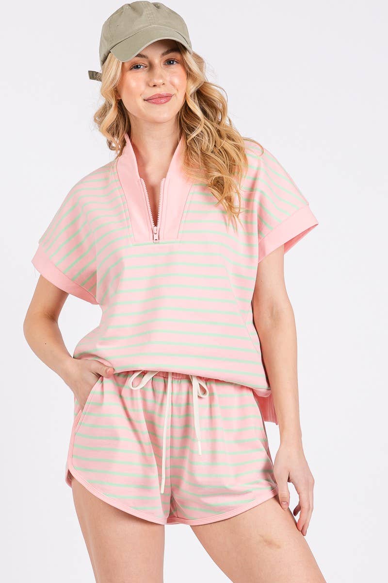 HALF ZIP UP STRIPED TOP AND SHORTS SETS : BLUE/PINK