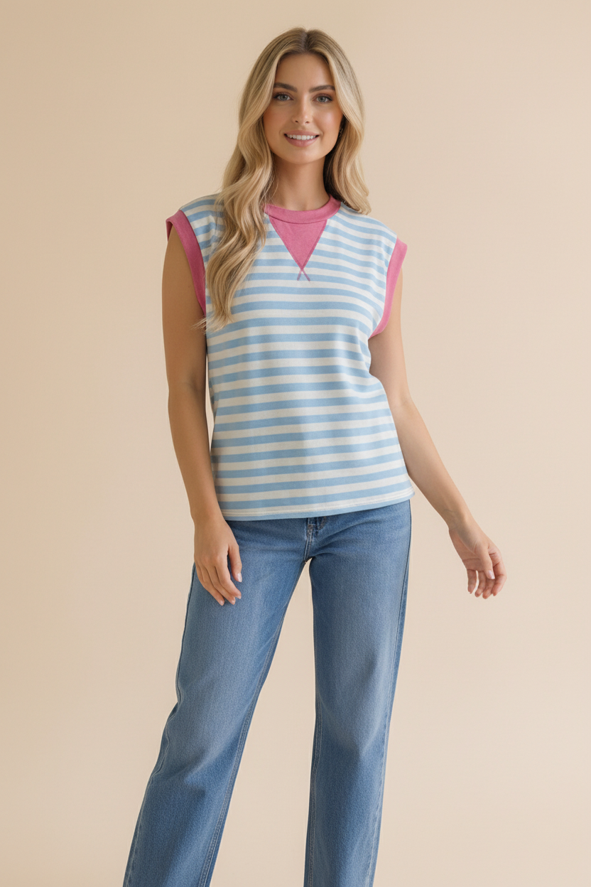 Round Neck Yarn Dye Stripe French Terry Top: LIGHT BLUE/FUCHSIA