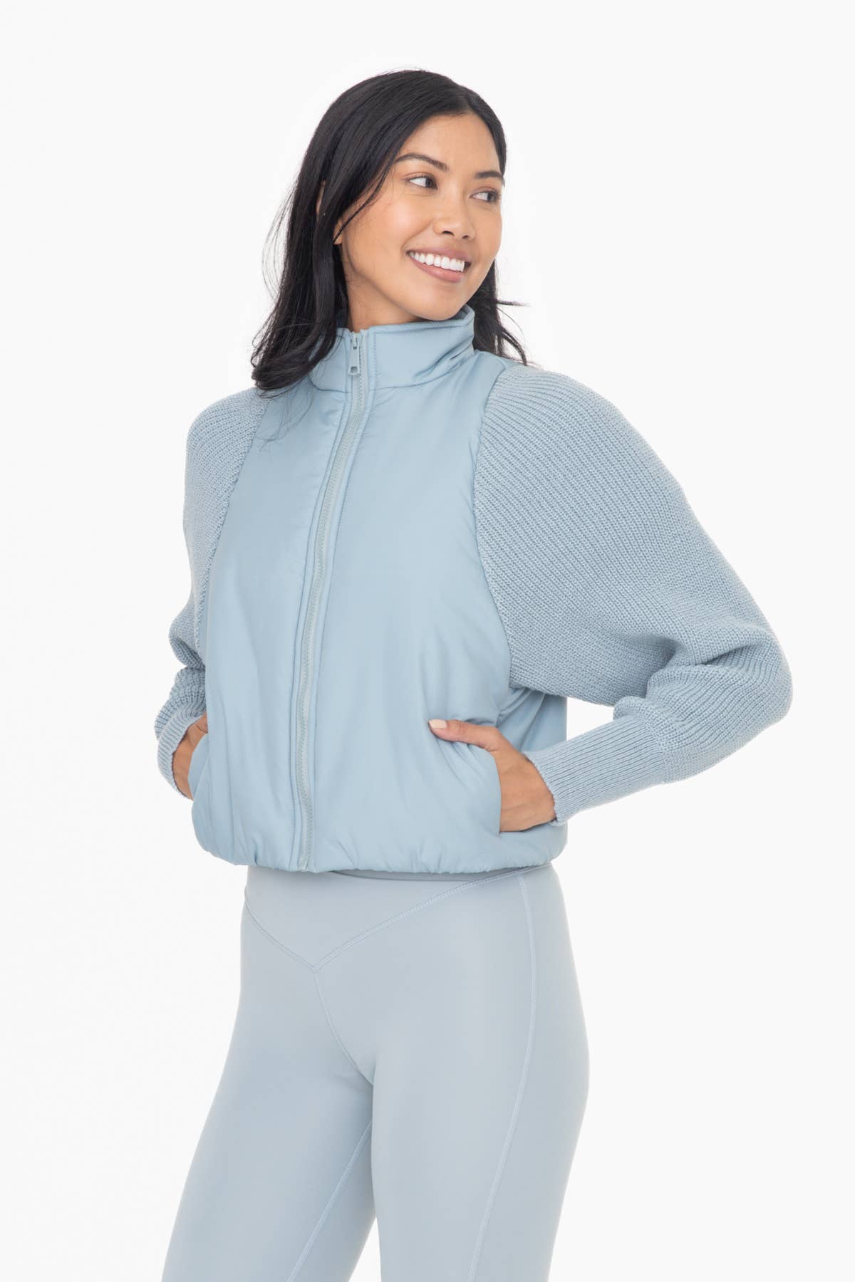 Nylon-Trim Padded Hybrid Zip Sweater SMOKEY BLUE