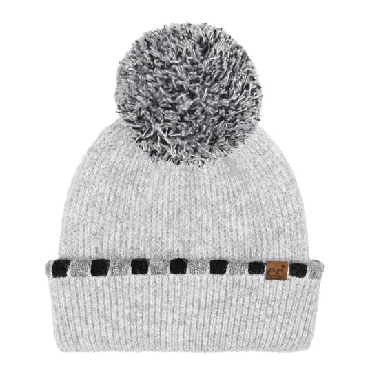 Neutral Horizontal Stripe Cuffed C.C Pom Beanie : Grey